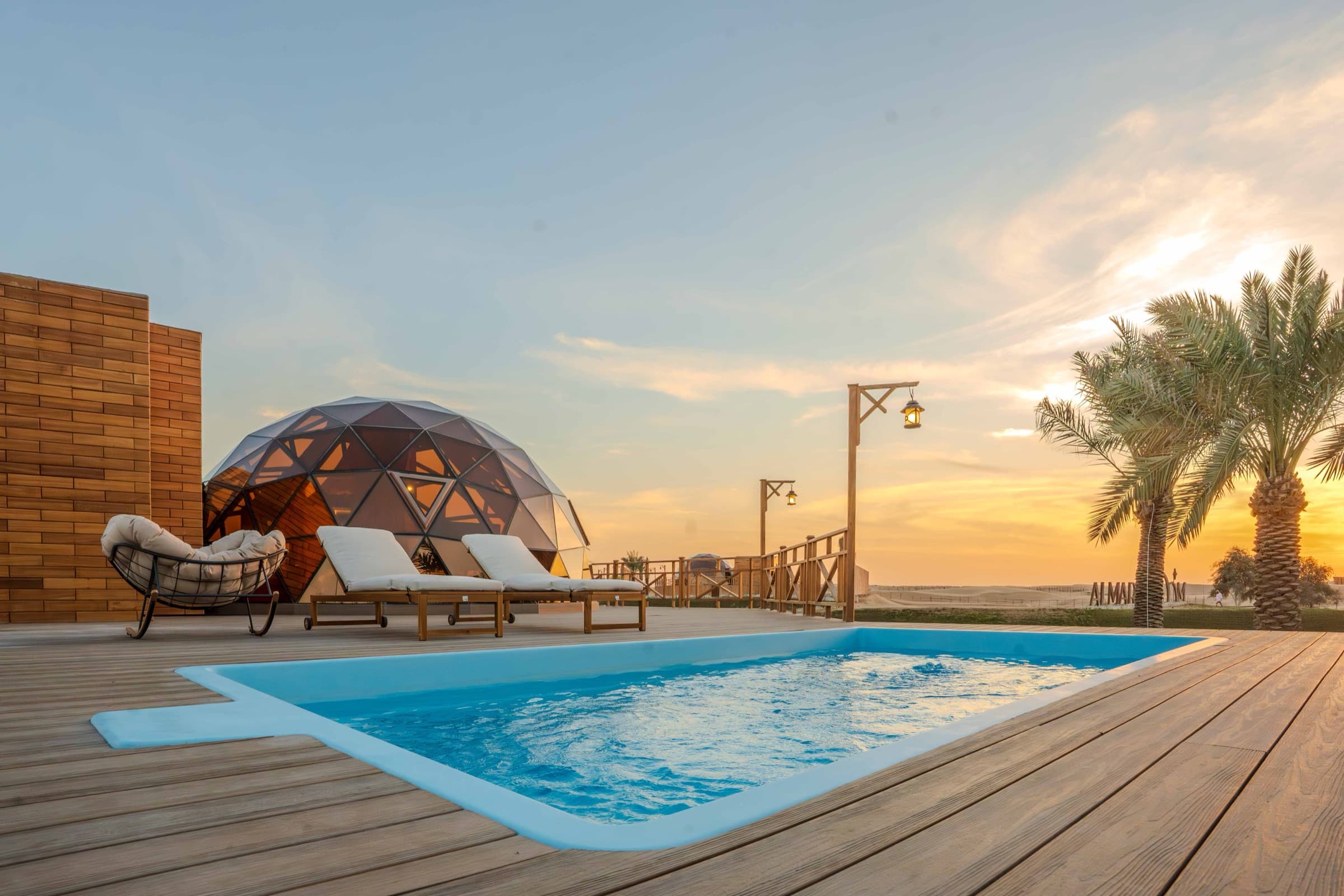 Pool view at Al Marmoom Domes overlooking the desert
